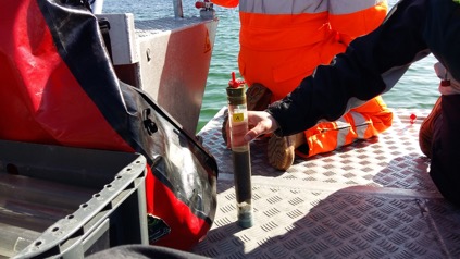 Sediment core (Φ 50 mm) obtained with the boat- operated sediment corer   Foto: S.Pfaff