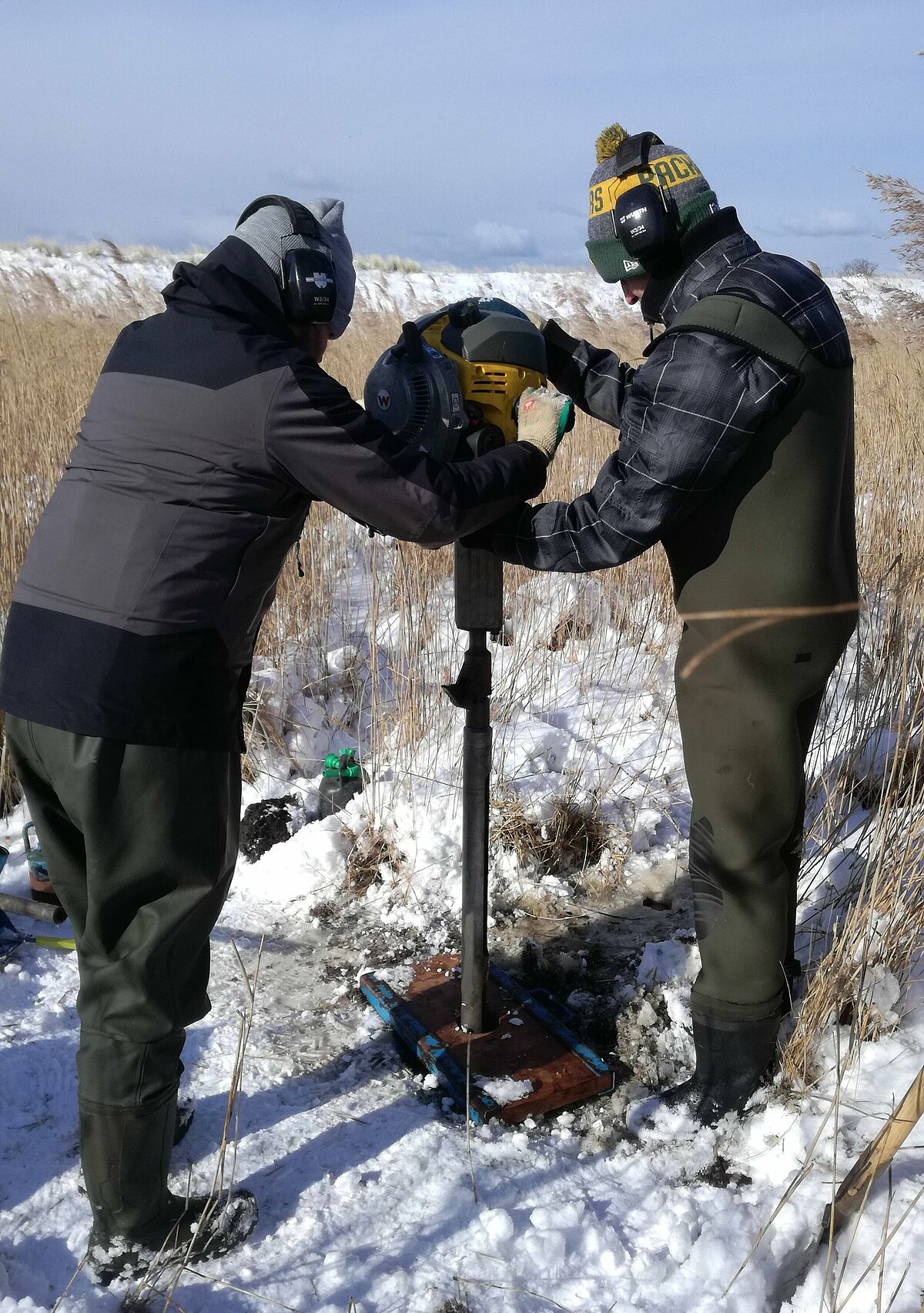 Soil sampling in the study site Hütelmoor with drill hammer in February 2018 (Photo: S. Heller)